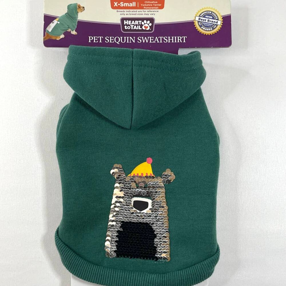 Heart To Tail Polar Bear White Silver Sequin Green Pet Dog Fleece Sweatshirt XS